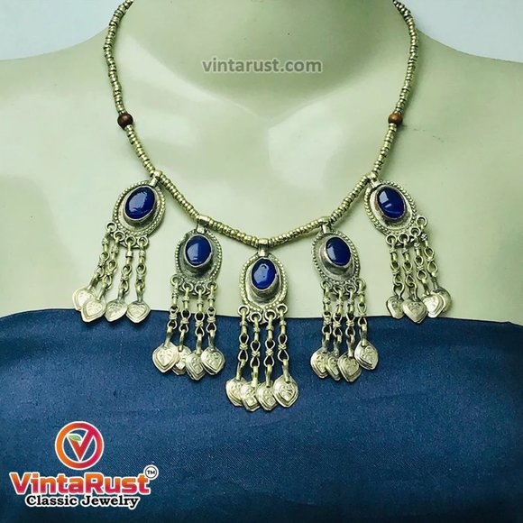 Beaded Chain Choker Necklace With Dangling Tassels and Blue Stone, Tribal Light - Picture 1 of 10